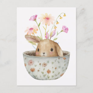 Leuke Bunny Tea Cup met bloemen Briefkaart