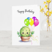 Leuke Cactus met Verjaardagsballonnen Kaart (Gele Bloem)