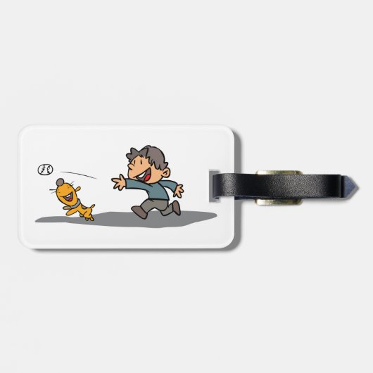 Leuke Cartoon Boy en hond spelen Fetch Bagagelabel (Achterkant horizontaal)