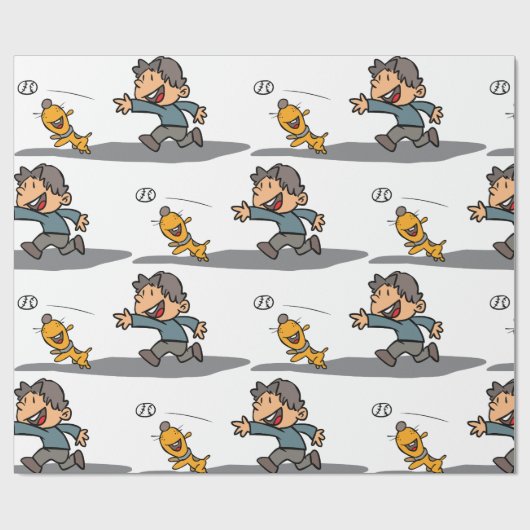 Leuke Cartoon Boy en hond spelen Fetch Cadeaupapier (Vlak)