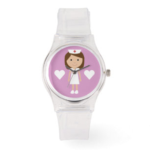 Leuke Cartoon bruin haar verpleegster & harten roz Horloge