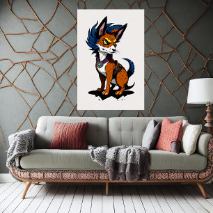 Leuke Cartoon Fox met Blauw Haar   AI Art Poster