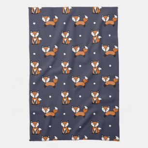 Leuke Cartoon Fox Pattern op Midnight Blue Theedoek