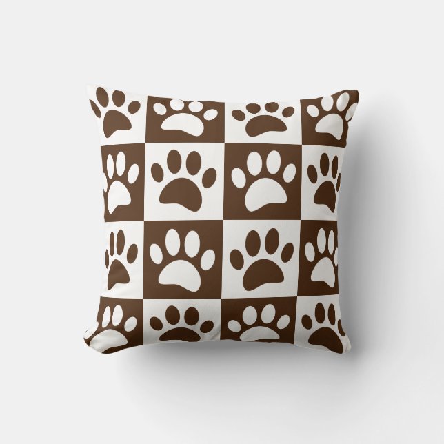 Leuke Cartoon Paw Prints Bruin Checkerboard Kussen (Voorkant)
