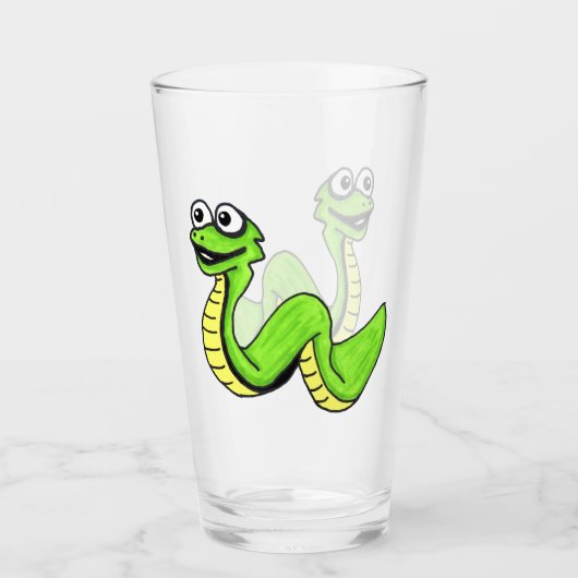 Leuke Cartoon Snake Heldergroen Geel Glimlachen Glas (Voorkant)