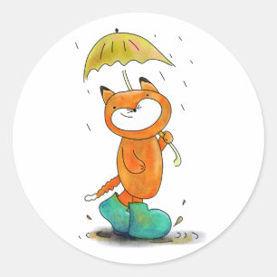Leuke cartoon vos in de regen met paraplu ronde sticker