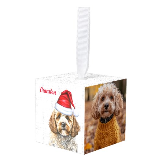 Leuke Cockapoo Santa Dog Twee Foto Kerstmis Kubus Ornament (Voorkant hoekig)