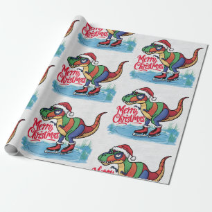 Leuke Cool T-rex Dinosaurus Schaatsen Kerst Abstra Cadeaupapier