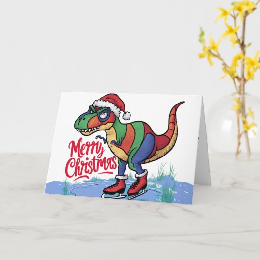 Leuke Cool T-rex Dinosaurus Schaatsen Kerst Abstra Kaart (Gele Bloem)