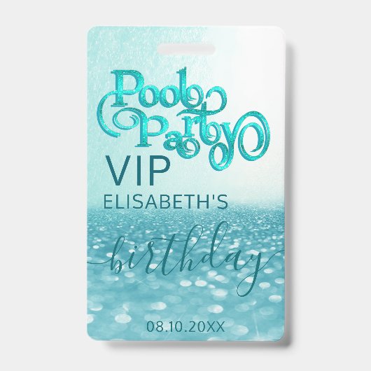 Leuke coole glitter script poolparty VIP Badge (Front)