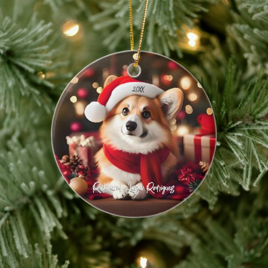 Leuke Corgi met Santa Hat Kerstmis Keramisch Ornament (Boom)