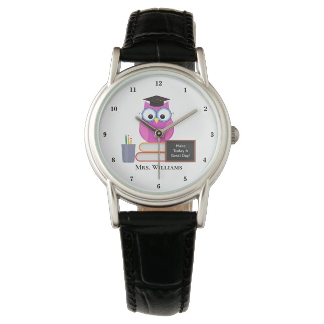 Leuke Custom Teacher Roze Uil Teacher School Horloge (Voorkant)
