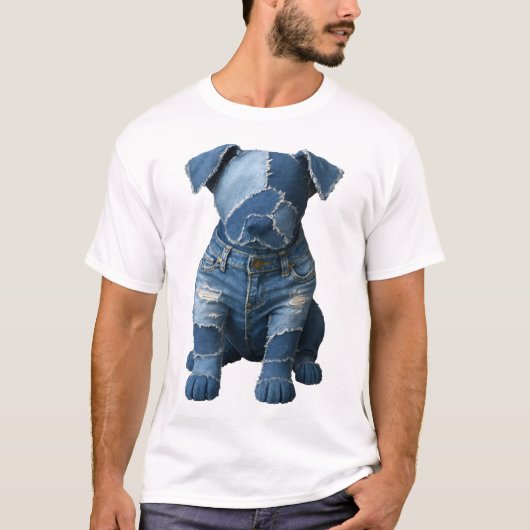 Leuke denim patchwork kunst hond T-shirt (Voorkant)