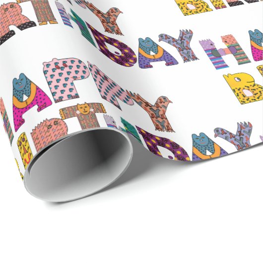 Leuke Dieren Leuk Gelukkig Verjaardagsscript Multi Cadeaupapier (Rol Hoek)