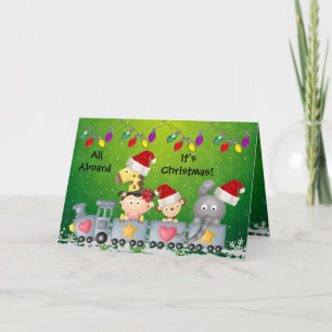 Leuke dieren & Meisje op de trein Kleurrijke Kerst Feestdagen Kaart