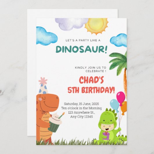 Leuke Dinosaurus Verjaardag Uitnodiging voor elke (Voorkant / Achterkant)