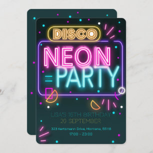 Leuke Disco Neon 16e feestuitnodiging Kaart