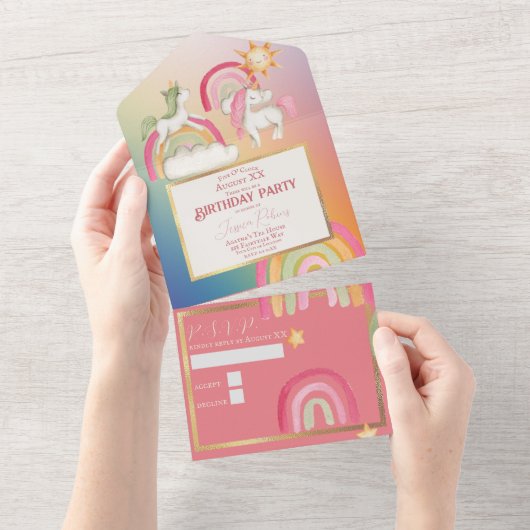 Leuke Eenhoorns op een Regenboog All In One Uitnodiging (Afscheurbaar)