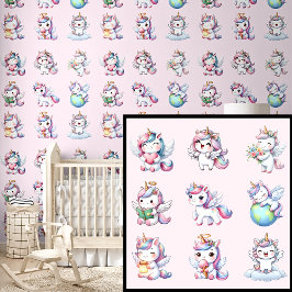 Leuke eenhoorns op roze behang