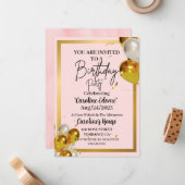 Leuke Eenvoudige Gouden & Roze Verjaardagsuitnodig Notitiekaartje (Voorkant / Achterkant in situ)