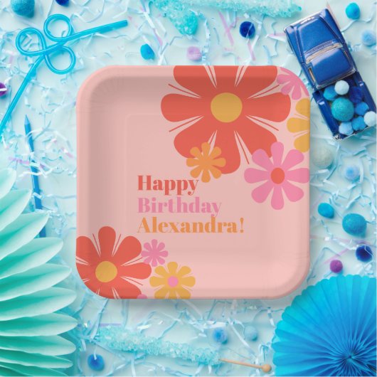 Leuke en Groovy Retro Bloemen Gelukkige Verjaardag Papieren Bordje (Feest)