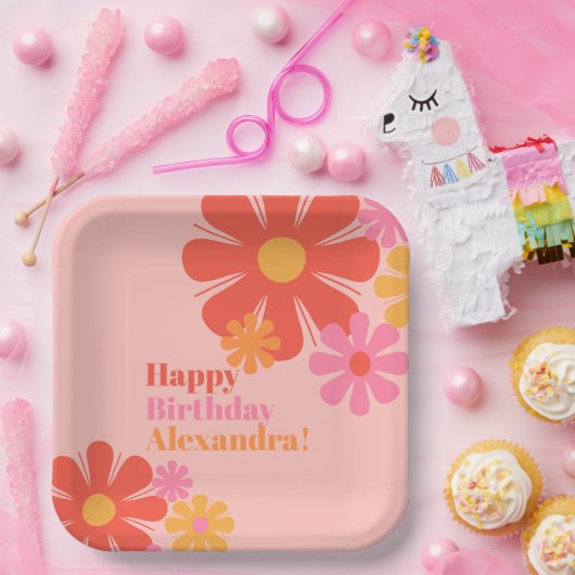 Leuke en Groovy Retro Bloemen Gelukkige Verjaardag Papieren Bordje (Feest)