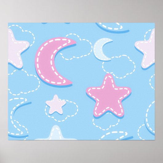 Leuke en Schattige Pastel Moon Stars Wolken | Poster (Voorkant)