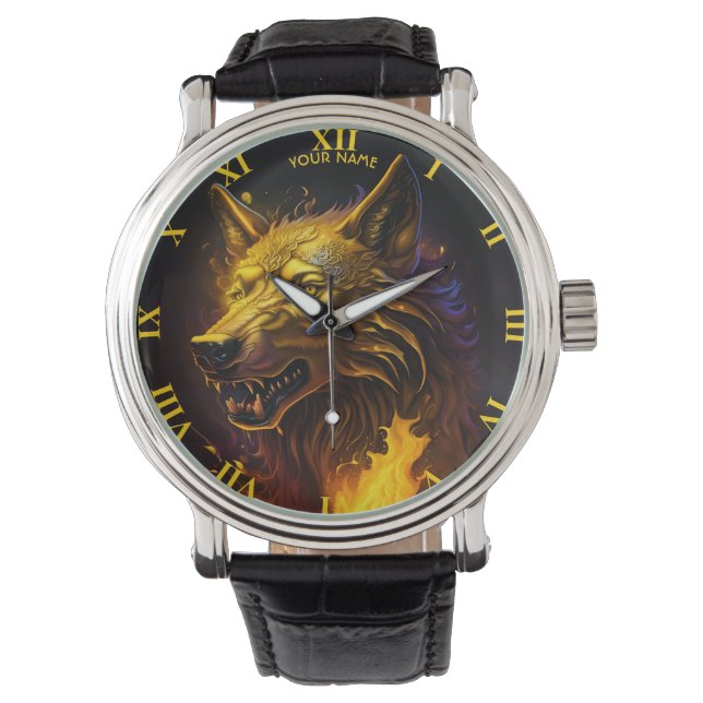 Leuke Fantasy Magische Gouden Wolf Horloge (Voorkant)