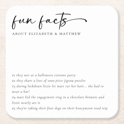 Leuke feiten minimalistisch script bruiloft vierkante kartonnen onderzetter (Voorkant)