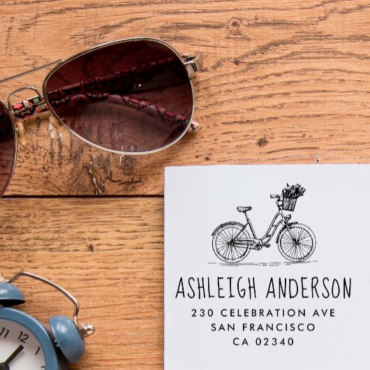 Leuke fiets met bloemen aangepaste naam retouradre 	rubberstempel