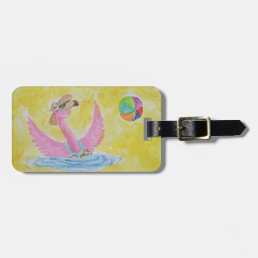 Leuke Flamingo Frolocking op het strand Bagagelabel (Voorkant horizontaal)