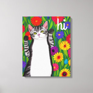 Leuke Folk Art Cat gezegde Hi onder Flowers Canvas Afdruk