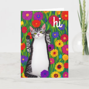 Leuke Folk Art Cat gezegde Hi onder Flowers Kaart