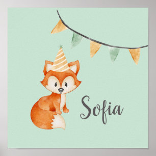 Leuke Fox Woodland Party Pet Happy Birthday Mint Poster