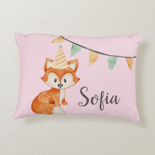 Leuke Fox Woodland Party Pet Happy Birthday Pink Accent Kussen (Achterkant)