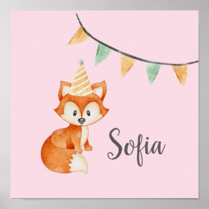 Leuke Fox Woodland Party Pet Happy Birthday Pink Poster