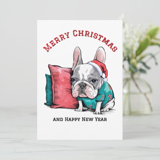 Leuke Franse hond, Kerstmuts, Grappige Kerstmis Feestdagenkaart (Staand voorkant)