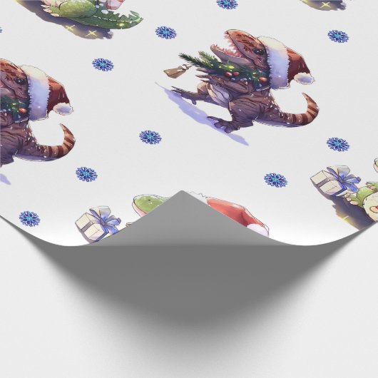 Leuke & Funky Kerstdinosaurussen op Wit Cadeaupapier (Hoek)