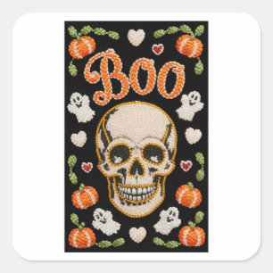 Leuke geborduurde Boo-schedel Halloween-sticker Vierkante Sticker