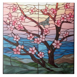 Leuke gebrandschilderde glas kersenbloesem boom tegeltje