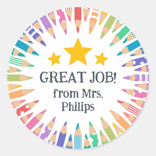 Leuke gekleurde potloden Geweldige Job Student! Ronde Sticker (Voorkant)