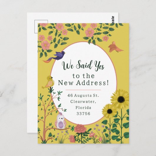 Leuke gele bloemenvogels Nieuw adres aankondiging Briefkaart (Voorkant / Achterkant)