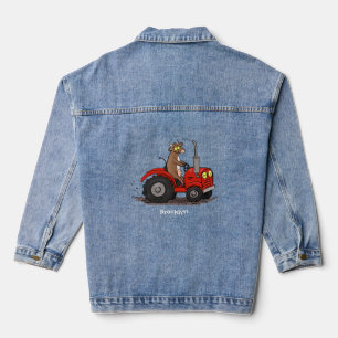 Leuke gelukkige koe die een rode tractor bestuurt denim jacket