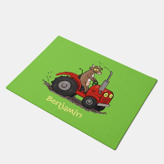 Leuke gelukkige koe die een rode tractor bestuurt deurmat (Schuin)