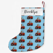 Leuke gelukkige koe die een rode tractor bestuurt kleine kerstsok (Achterkant)