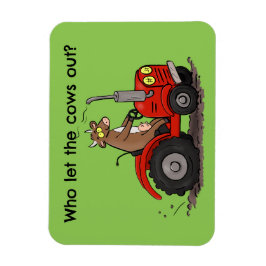 Leuke gelukkige koe die een rode tractor bestuurt  magneet