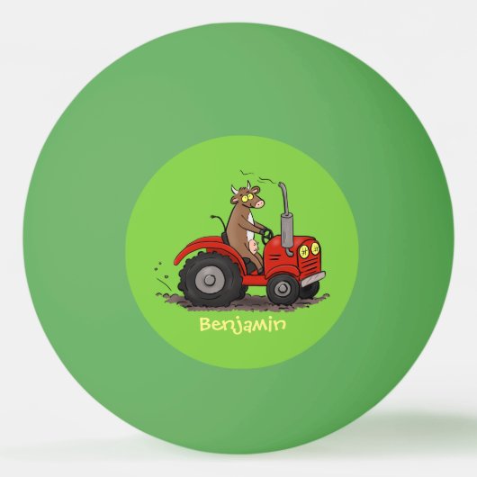 Leuke gelukkige koe die een rode tractor bestuurt pingpongballen (Voorkant)