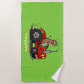 Leuke gelukkige koe die een rode tractor bestuurt strandlaken (Voorkant)