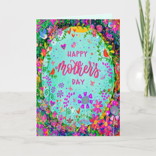 Leuke gelukkige moederdag grillige bloemvogels kaart (Voorkant)