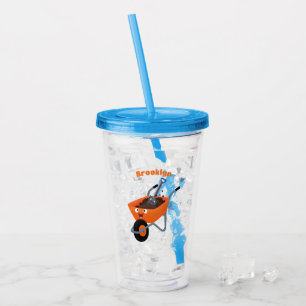 Leuke gelukkige oranje kruiwagen cartoon illustrat acryl drinkbeker